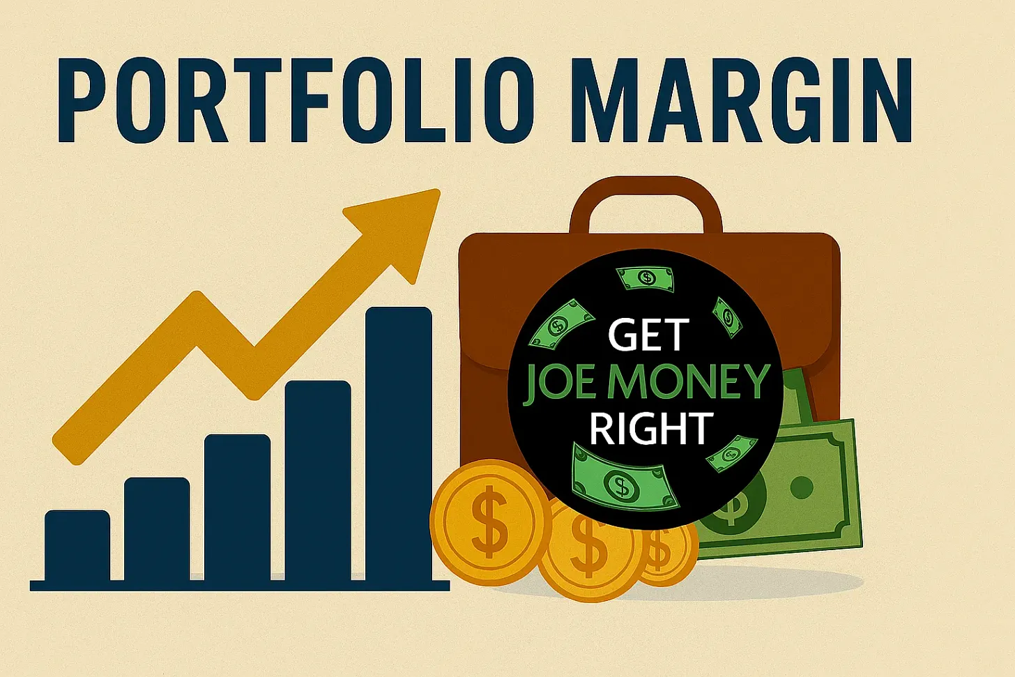 Illustration featuring the words "Portfolio Margin" at the top, a bar chart with an upward-trending arrow, gold coins, dollar bills, and a brown briefcase in the background. Overlaid is a black circle with green money graphics and the text "Get Joe Money Right" in the center.