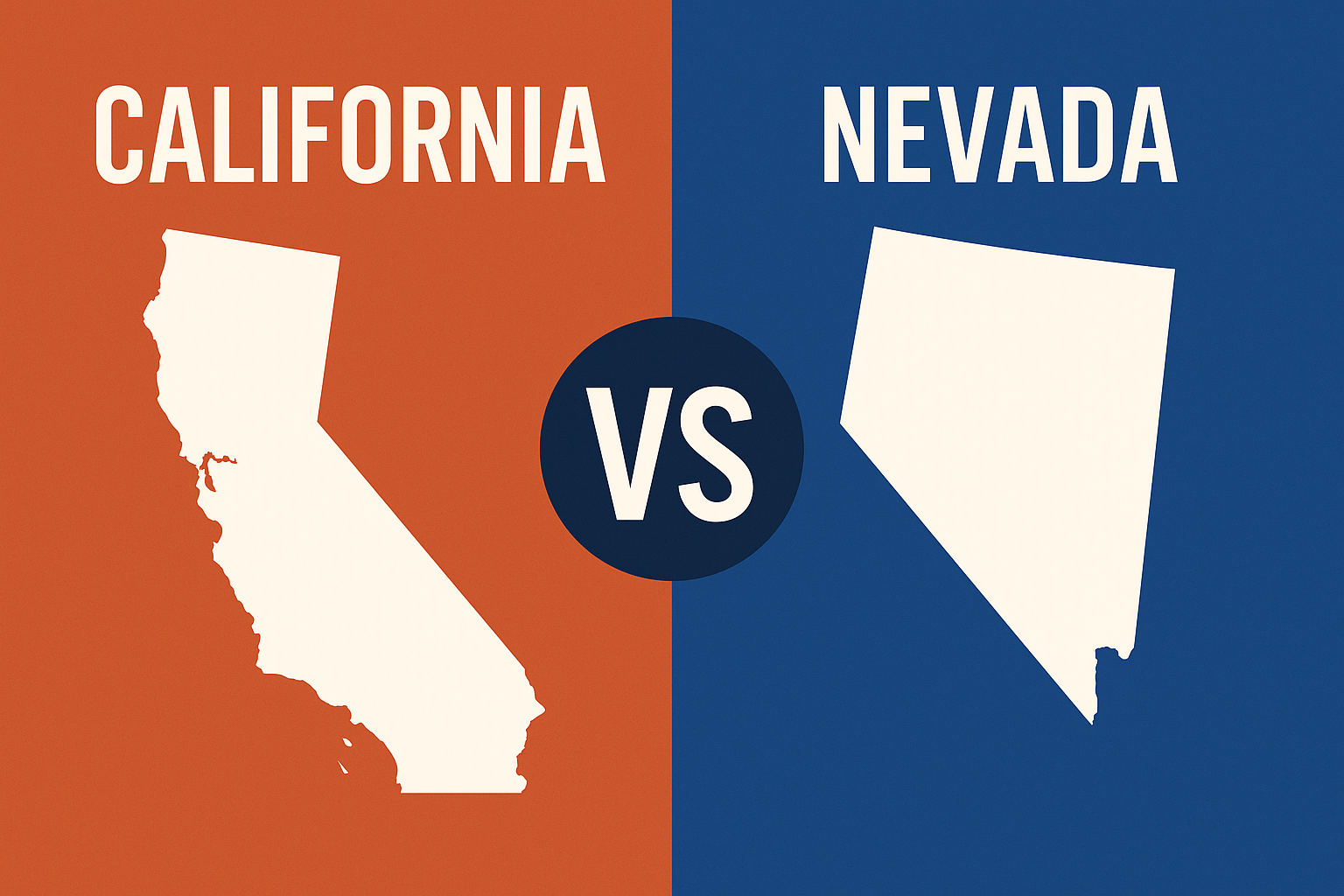 Split-screen image comparing California and Nevada. The left half shows a cream-colored silhouette of California on a red background with the label "CALIFORNIA," while the right half displays a cream-colored silhouette of Nevada on a blue background labeled "NEVADA." A dark circle in the center contains "VS" in bold white letters, highlighting a side-by-side comparison theme.
