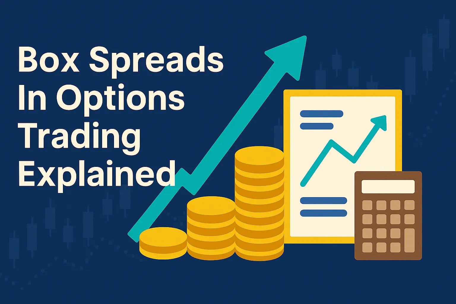 Illustration for "Box Spreads in Options Trading Explained" showing stacked gold coins, a rising arrow, a chart with an upward trend line, and a calculator on a dark blue background with faint candlestick chart patterns.