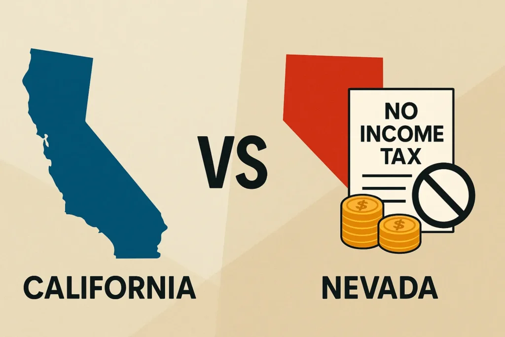 Split-screen graphic comparing California and Nevada. On the left is a blue silhouette of California labeled "CALIFORNIA," and on the right is a red silhouette of Nevada with a document reading "NO INCOME TAX," two gold coins, and a prohibition symbol, labeled "NEVADA." The image visually contrasts state income tax policies.