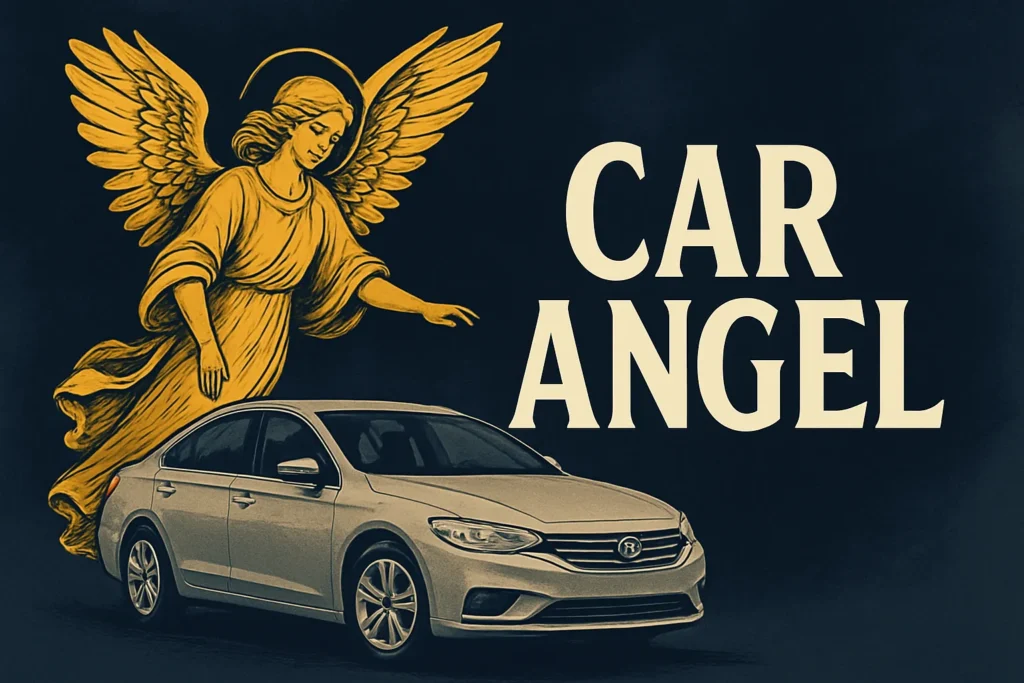 Stylized illustration of a golden angel with large wings reaching out toward a silver sedan. To the right of the image, bold cream-colored text reads “CAR ANGEL” against a dark background.