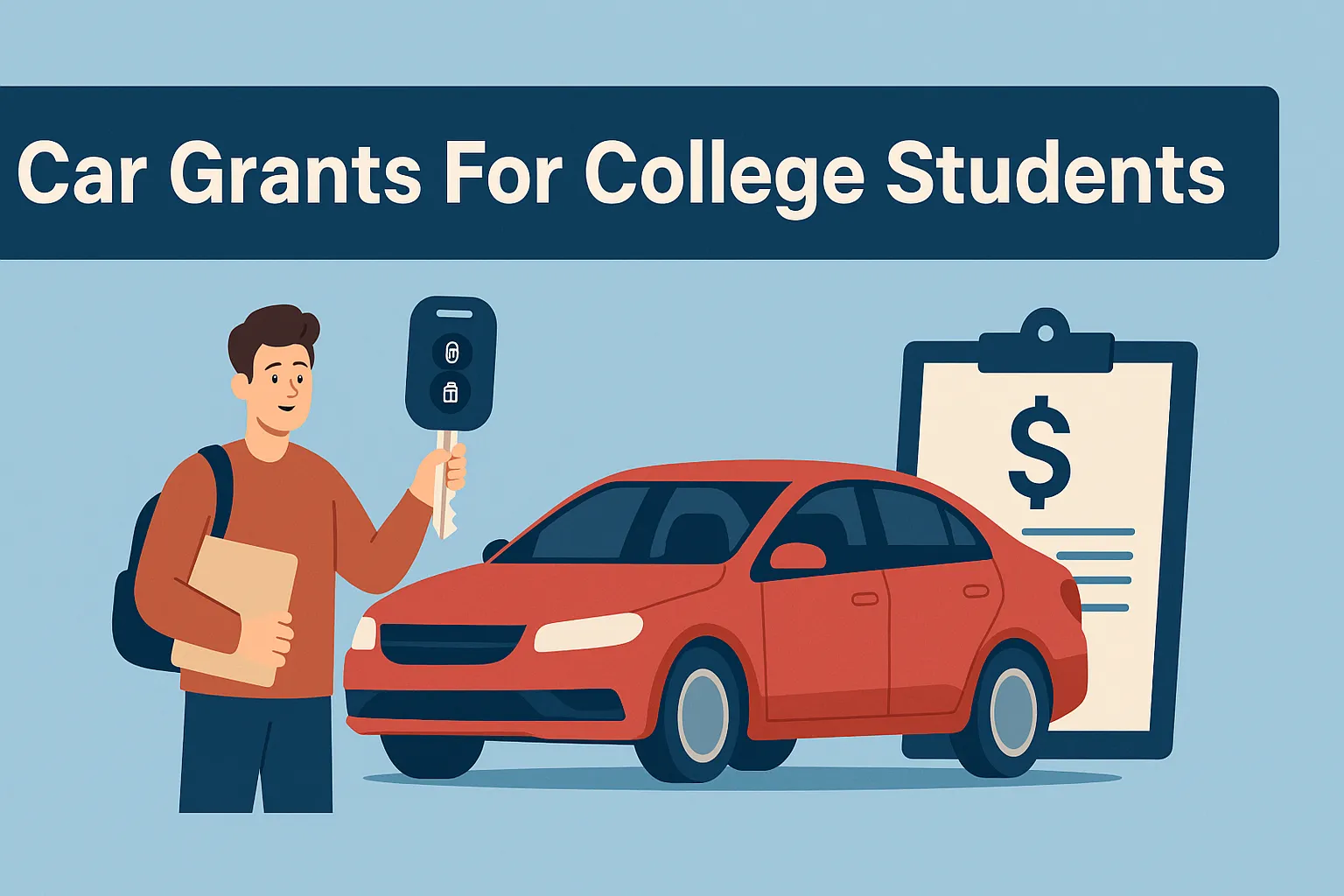 Illustration of a smiling college student holding a folder and a large car key, standing next to a red car. Behind the car is a clipboard with a dollar sign, and above the scene is the text “Car Grants For College Students” in bold white letters on a blue banner.