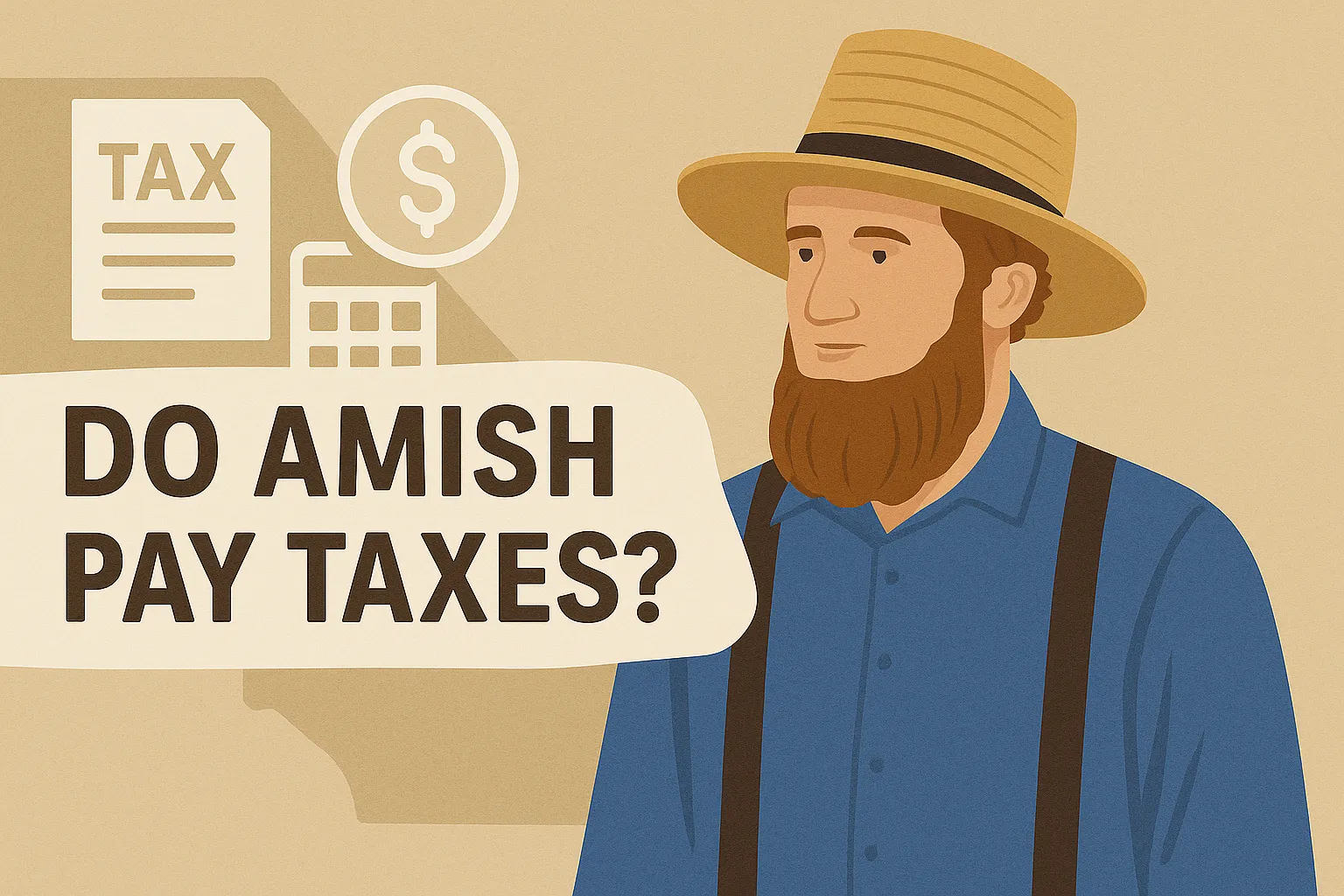 Illustration of an Amish man with a beard and straw hat, wearing a blue shirt and black suspenders, next to bold text that reads “Do Amish Pay Taxes?” with tax-related icons including a document labeled “TAX,” a dollar sign, and a calculator in the background.