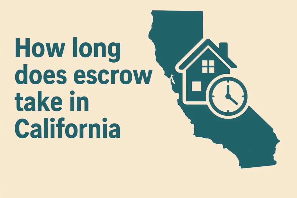 Illustration of a dark green silhouette of California with a house and clock icon over it, symbolizing real estate timing. To the left, bold text asks, “How long does escrow take in California” on a beige background.
