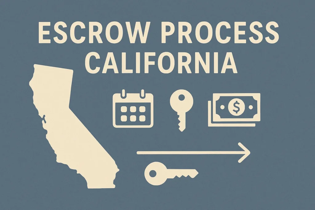 Graphic showing the steps of the escrow process in California, with a beige silhouette of the state and icons representing a calendar, a key, and money. The text “ESCROW PROCESS CALIFORNIA” is displayed above the icons on a muted blue background.