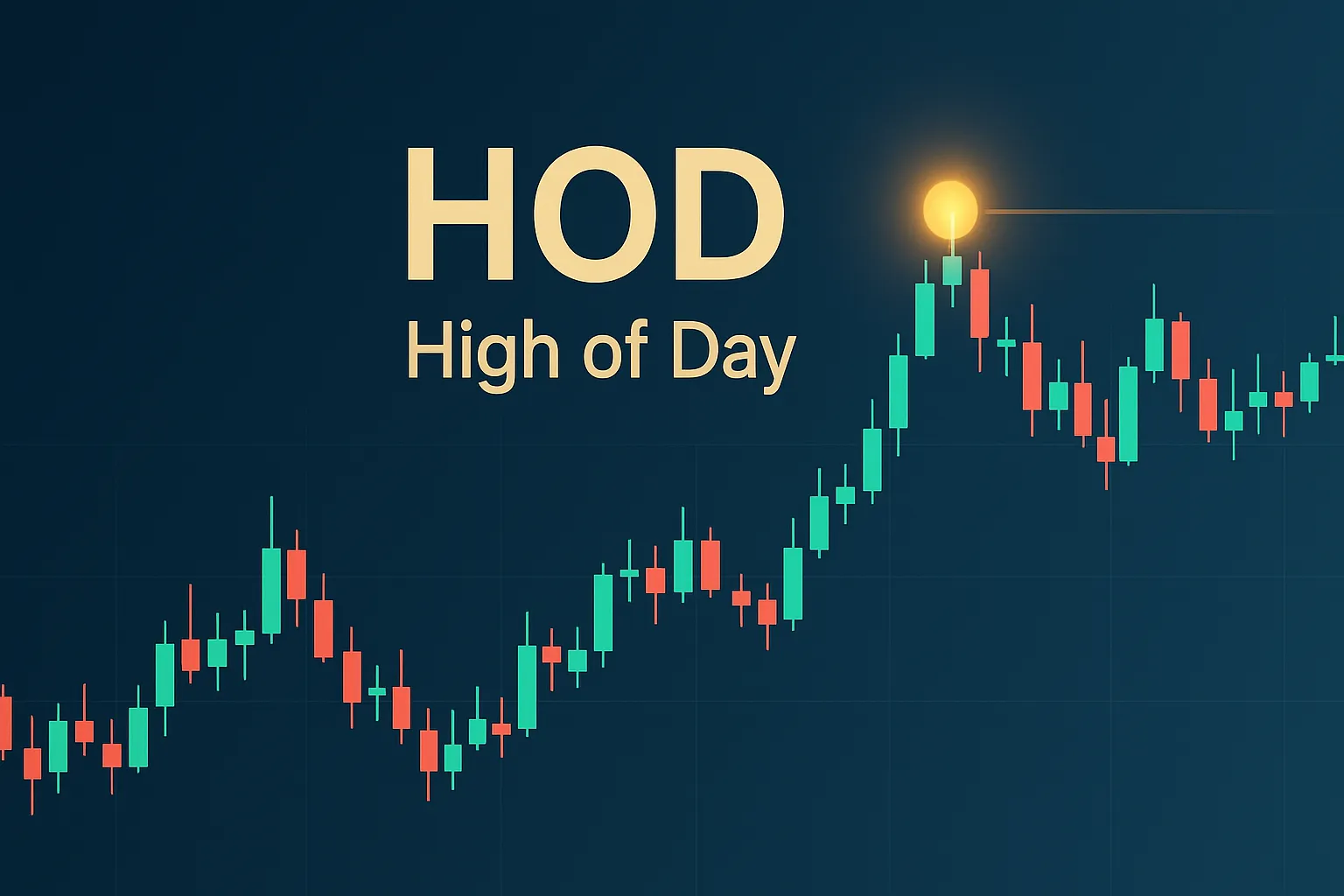 A candlestick chart showing a stock price rising and peaking, marked by a glowing dot labeled "HOD – High of Day." The chart features red and green candles, with the highest point of the day clearly highlighted.