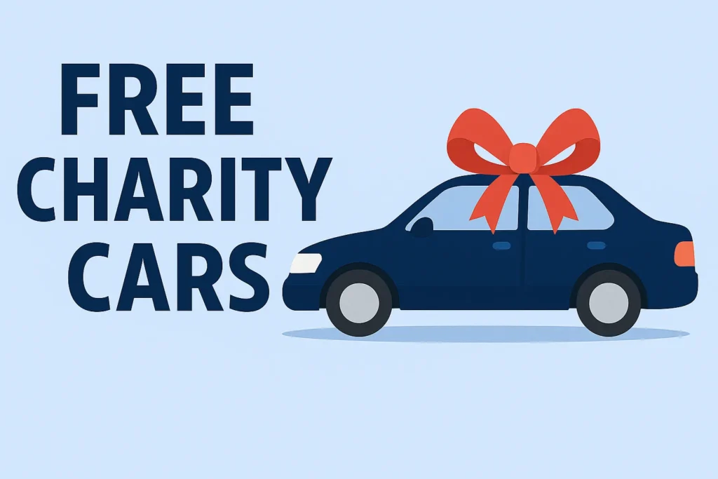 Illustration of a dark blue car with a large red bow on top, symbolizing a gift. To the left of the car, bold navy text reads “FREE CHARITY CARS” on a light blue background.