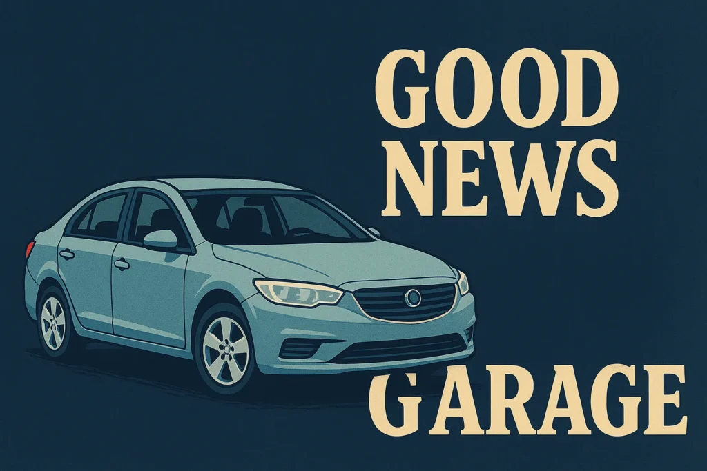 Illustration of a light blue sedan on a dark background with large cream-colored text reading “GOOD NEWS GARAGE.” The design has a vintage poster feel, with the car prominently featured on the left.