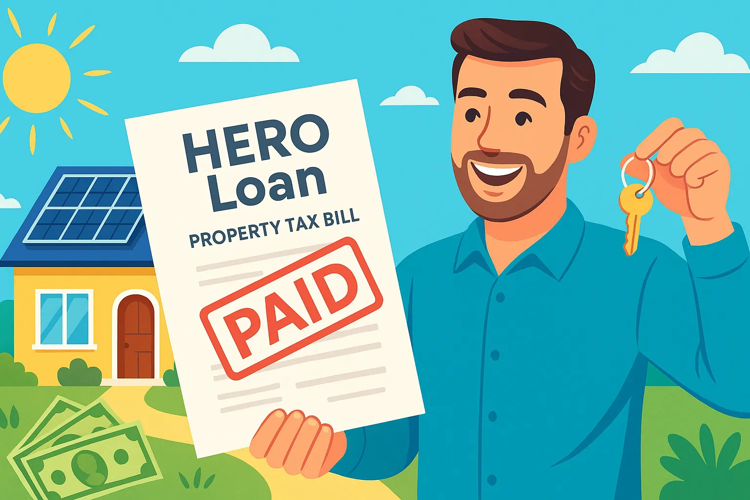 Illustration of a smiling man holding a house key in one hand and a large document in the other that reads “HERO Loan Property Tax Bill” with a big red “PAID” stamp. Behind him is a sunny suburban scene with a yellow house featuring solar panels and scattered dollar bills on the grass, symbolizing financial success or loan repayment. how to payoff hero loan