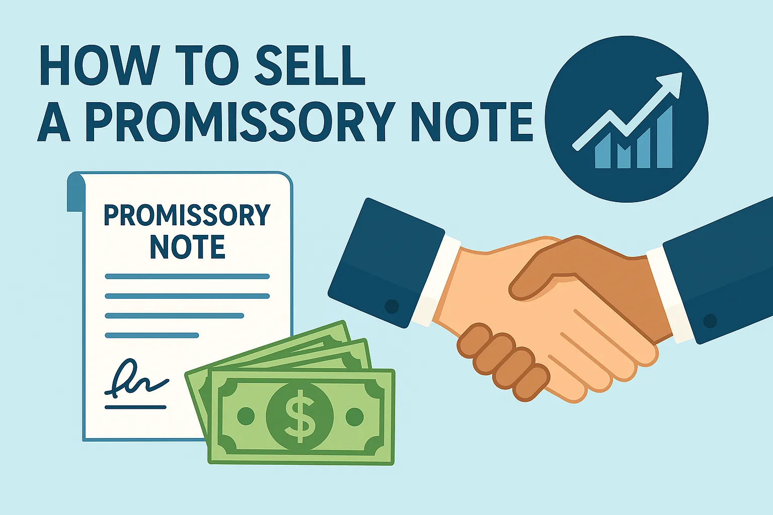 Illustration with the title “How to Sell a Promissory Note” showing a handshake, a document labeled “Promissory Note,” a stack of dollar bills, and a rising chart icon symbolizing financial growth.