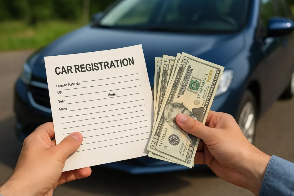 Close-up of two hands, one holding a blank car registration form and the other holding several U.S. twenty-dollar bills, with a blue car in the background, suggesting a vehicle transaction or registration loan.
