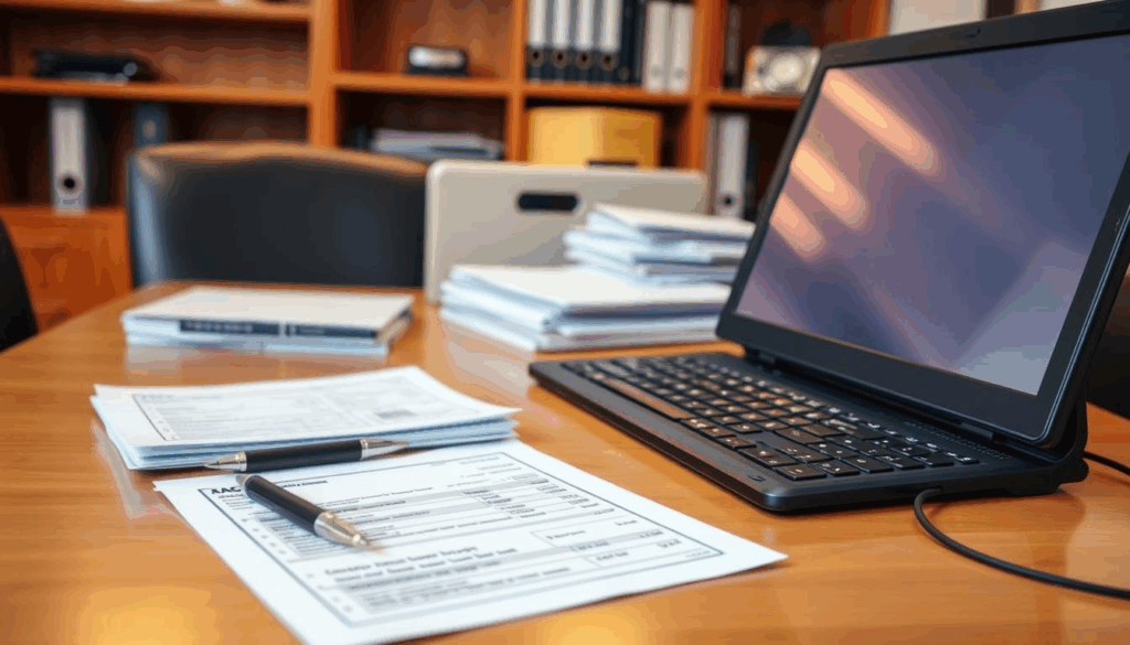 A neatly organized office desk with a personal computer, a stack of tax forms, and a pen. A warm, professional lighting illuminates the scene, creating a focused and analytical atmosphere. In the background, a filing cabinet and bookshelves suggest a financial advisory setting. The image conveys the process of carefully reviewing and reporting investment income tax information, reflecting the "Special Considerations for Different Account Types" section of the article.