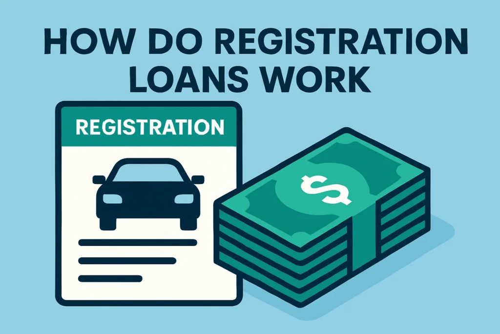 Illustration featuring the text "How Do Registration Loans Work" above a car registration document with a car icon and a large stack of dollar bills, visually representing the concept of using vehicle registration to obtain a loan.