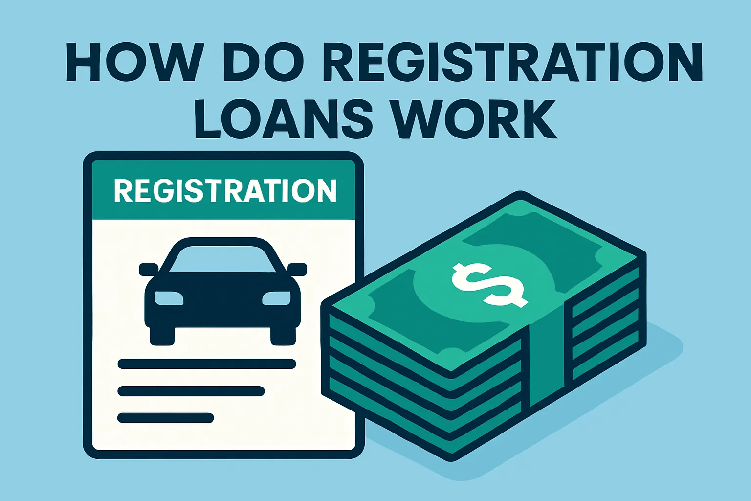 Illustration featuring the text "How Do Registration Loans Work" above a car registration document with a car icon and a large stack of dollar bills, visually representing the concept of using vehicle registration to obtain a loan.