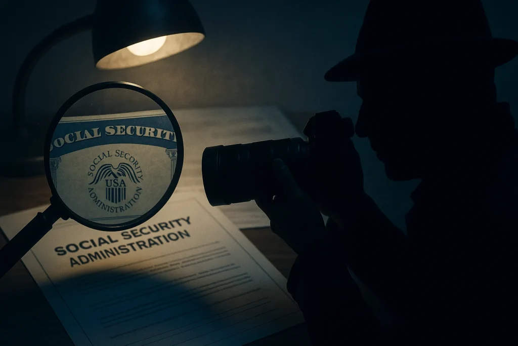Dark, moody image of a silhouetted private investigator photographing a Social Security document under a desk lamp. A magnifying glass enlarges the words “Social Security Administration” on the document, suggesting investigation or identity scrutiny.