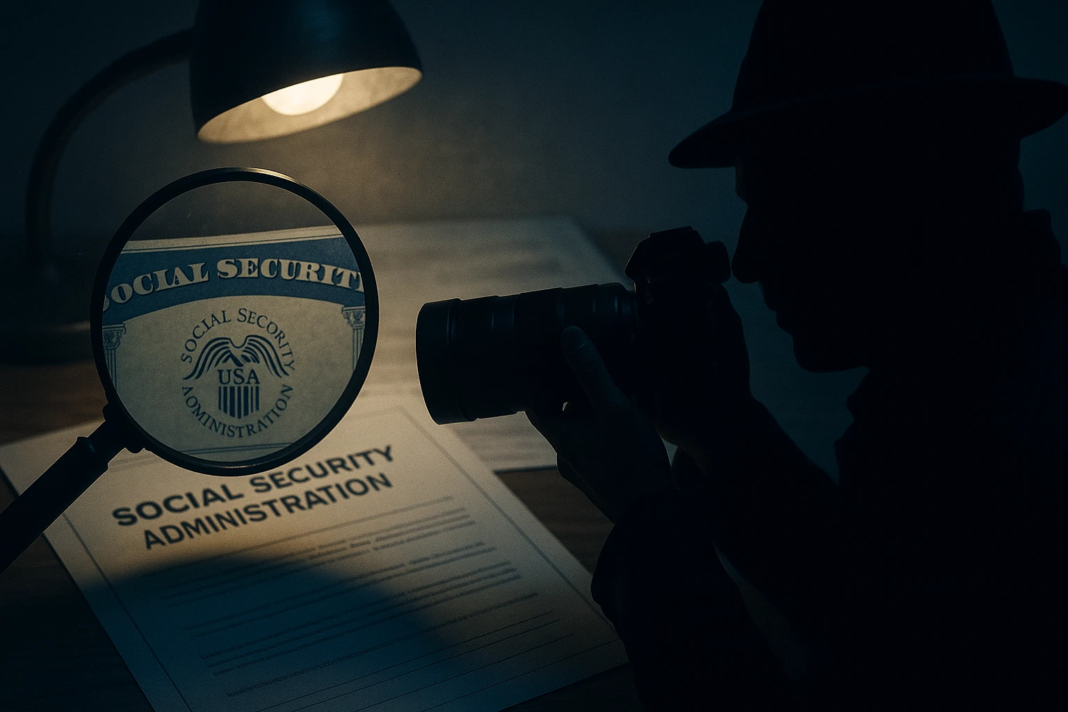 Dark, moody image of a silhouetted private investigator photographing a Social Security document under a desk lamp. A magnifying glass enlarges the words “Social Security Administration” on the document, suggesting investigation or identity scrutiny.