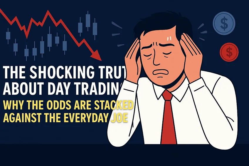 Illustration of a distressed man in a white shirt and red tie holding his head with both hands, as a red downward-trending stock chart and candlestick patterns appear beside him. Bold text reads, “Why Most Day Traders Fail” with a subheading in yellow: “Why the Odds Are Stacked Against the Everyday Joe.” Blue and red dollar coin icons hover in the background.